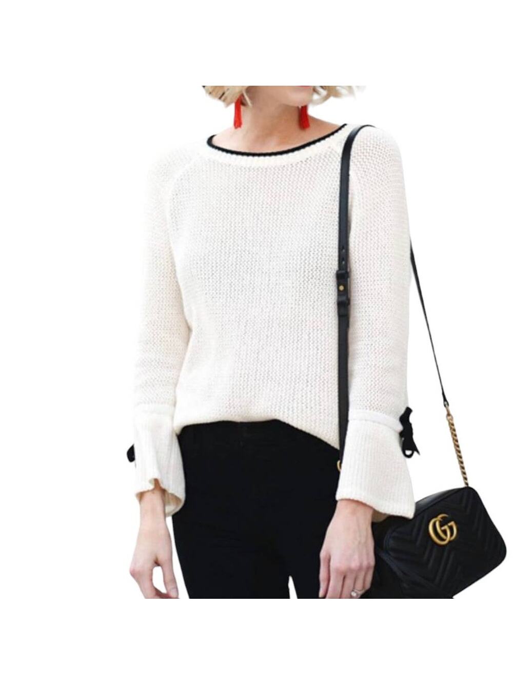 Loft women Tipped  Pullover Fit and Flare Knit Sweater With Bow Cuff Detail sz S